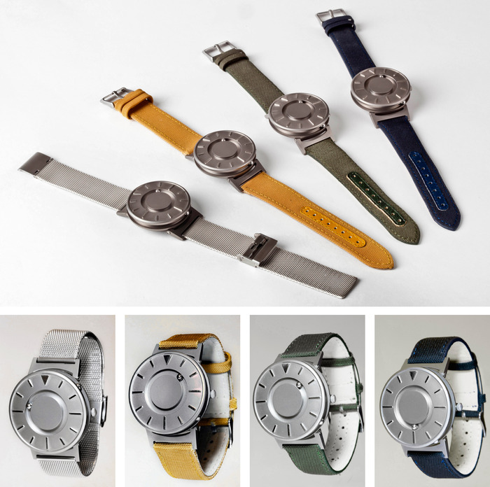  วัสดุสำหรับสายนาฬิกามีให้เลือก 2 แบบ ได้แก่ สแตนเลสส์ หรือ ผ้าและหนัง ซึ่งมีให้เลือก 3 สีคือ mustard yellow, olive green, และ silver blue